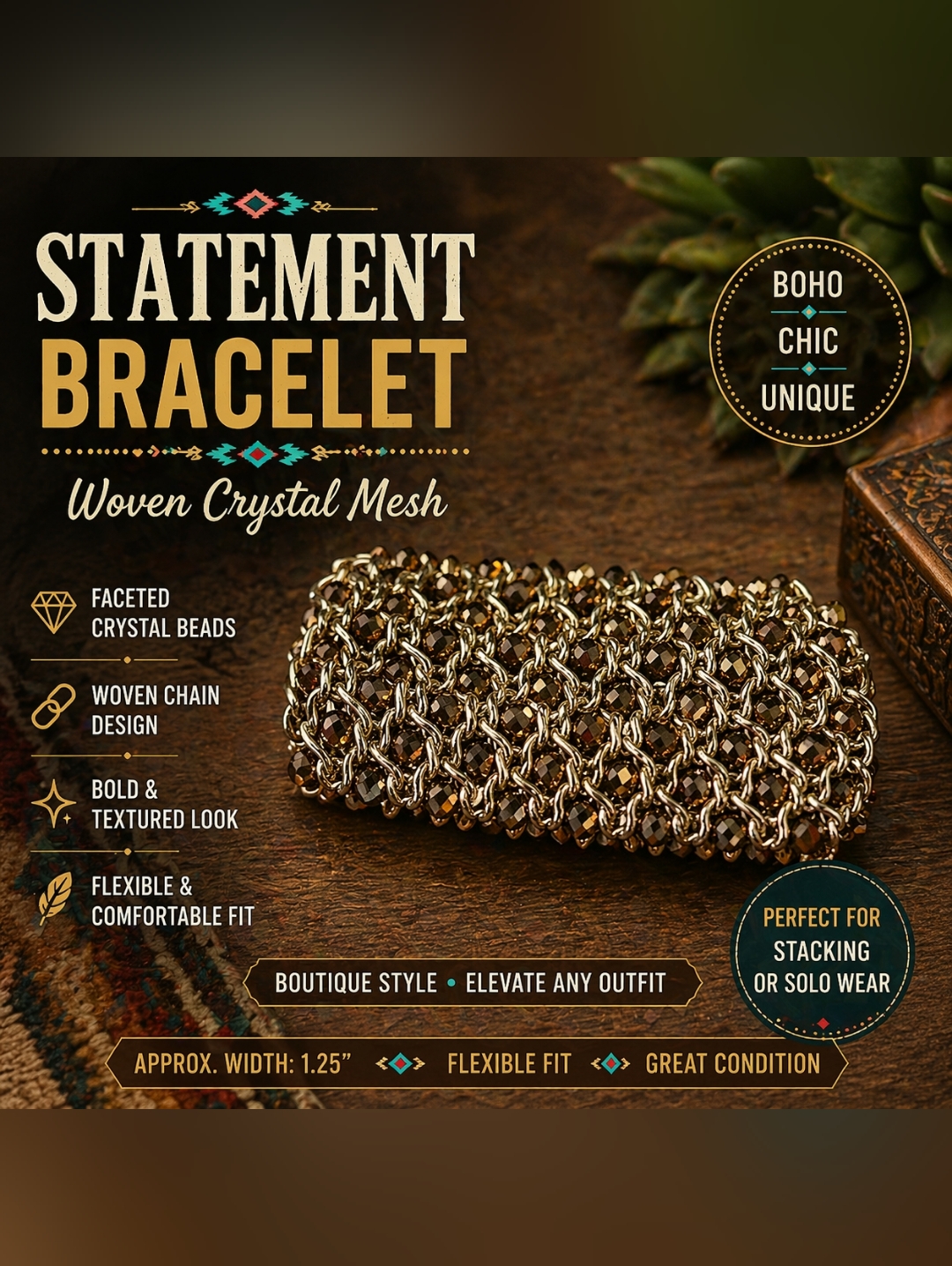 Boutique Crystal Mesh Cuff Bracelet Gold Beaded Chain Statement